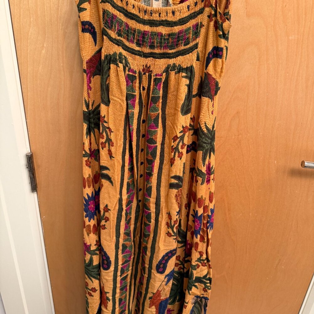 FARM Rio Mustard Yellow Tropical Floral Slip Dress with Pink & Green Accents - Picture 6 of 8